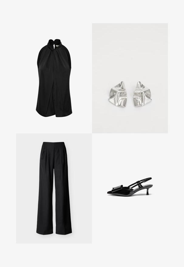 Haut sans manches noir avec un col halter et un détail de nœud, en tissu doux, et un design drapé qui tombe librement des épaules.; Pantalon noir taille haute à jambes larges avec plis avant et poches latérales, présenté sur un fond clair uni.; Talons aiguilles en cuir verni noir avec un bout pointu, un détail en nœud à l'avant et un petit talon stiletto. Les brides sont équipées de boucles ajustables.; Boucles d'oreilles en métal argenté avec un design ondulé et sculptural, présentant une finition polie et des formes irrégulières, mettant en valeur une esthétique contemporaine.