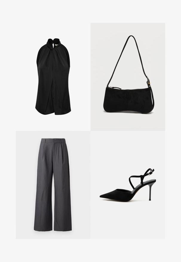 Haut sans manches noir avec un col halter et un détail de nœud, en tissu doux, et un design drapé qui tombe librement des épaules.; Pantalon gris foncé à jambes larges avec plis, passants de ceinture et fermeture par bouton à la taille, présenté sur un fond uni.; Chaussure à talon haut noire à bout pointu avec talon stiletto fin et fines lanières à la cheville avec boucle argentée sur fond blanc.; Sac bandoulière en daim noir avec fermeture éclair et une fine sangle réglable sur un fond blanc uni.