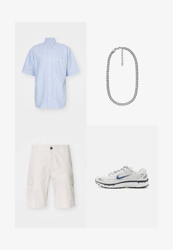 Chemise à manches courtes bleu clair en tissu coton. Dotée d'un col et d'une poche avant. Design simple et uni.; Shorts cargo beiges en tissu léger, dotés de deux poches latérales, d'une fermeture à bouton et d'une coupe décontractée. Texture lisse avec un motif subtil.; Nike Sportswear P 6000 - Baskets basses - phantom/obsidian/summit white/white/black/metallic silver; Collier chaîne curb ton argent avec fermoir mousqueton et chaîne d'extension réglable sur fond blanc.