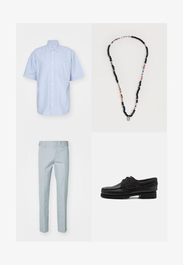 Chemise à manches courtes bleu clair en tissu coton. Dotée d'un col et d'une poche avant. Design simple et uni.; Pantalons bleu clair à coupe droite en tissu tissé. Présente un devant plat et des passants de ceinture. Aucun motif ni accent visible.; Chaussure noire avec un dessus en cuir, des accents textiles, des lacets ronds et une semelle en caoutchouc texturé. Présente des coutures mocassins et des détails de marque.; Collier avec des perles noires et multicolores alternées, comportant de petits anneaux en argent et un pendentif rectangulaire en perle transparente.