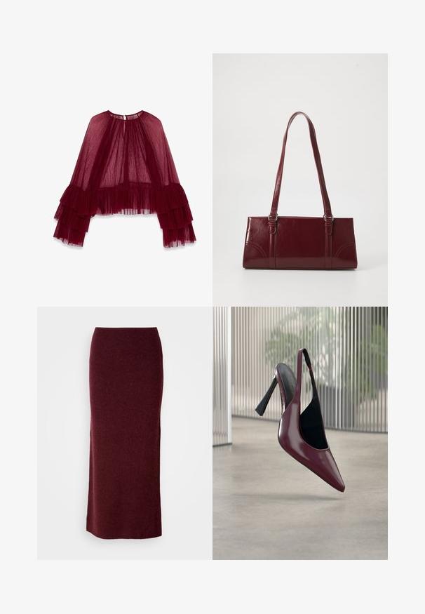 Bordeaux doorschijnende top met een hoge hals, gelaagd geplooid ontwerp en uitlopende mouwen met gerimpelde accenten. Gestructureerde stof.; Bordeaux wollen maxi-rok met een aansluitende silhouet, een gladde textuur en een rechte zoom. Geen zichtbare sluitingen of versieringen.; Glanzende donkerrode slingback met hoge hak, puntige neus en zwarte voering, zwevend boven een gladde betonnen vloer binnenshuis.; Bourgondische handtas van glanzend materiaal, rechthoekige vorm, met twee schouderbanden en subtiele gebogen accenten aan de voorkant.