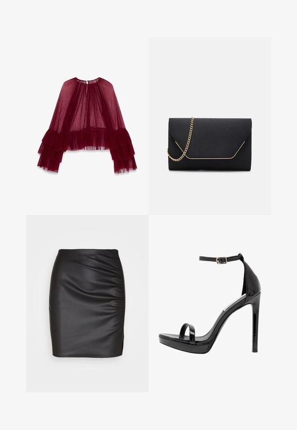 Blusa burdeos transparente con un alto cuello, diseño de capas con pliegues y mangas acampanadas con acentos de volantes. Tejido texturizado.; Falda ajustada de poliéster negro con textura gathered en un lado y una pequeña abertura en el dobladillo, que crea una silueta elegante.; Steve Madden MILANO - Sandalias de tacón - black; Bolso de mano negro con una textura suave, que presenta una cadena dorada y un cierre de solapa geométrica delineado en dorado.