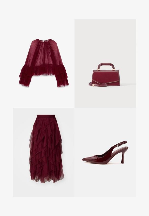 Bordeaux doorschijnende top met een hoge hals, gelaagd geplooid ontwerp en uitlopende mouwen met gerimpelde accenten. Gestructureerde stof.; Bordeaux tulle rok met meerdere gelaagde ruffles, een brede tailleband en een vloeiende silhouet. Lichtgewicht, gestructureerde stof verbetert de beweging.; Glanzende donkerrode slingback pump met spitse neus, smalle verstelbare band en taps toelopende naaldhak op witte achtergrond.; Kleine glanzende bordeauxrode handtas met een bovenhandvat en een afneembare schouderriem, weergegeven tegen een eenvoudige lichte achtergrond.