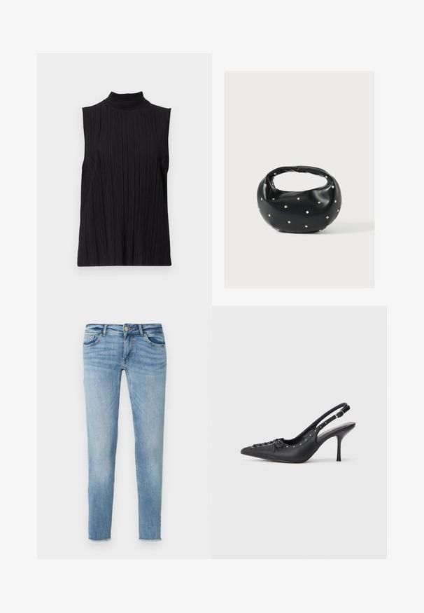 Top noir sans manches avec un col élevé, présentant une texture plissée verticale. Le tissu semble lisse avec un léger éclat.; Jean en denim bleu clair à coupe slim, avec cinq poches, fermeture par bouton et légère décoloration. L'ourlet est légèrement effiloché.; Escarpin en cuir noir à talon aiguille avec un bout pointu, une bride latérale à boucle, des clous le long du bord et un laçage décoratif à l'avant.; Sac à main en cuir noir de forme arrondie, décoré de clous argentés et équipé d'une poignée courte. Texture lisse et fermeture éclair.