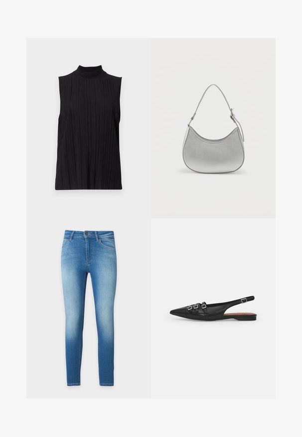 Top negro sin mangas con cuello alto, que presenta una textura de pliegues verticales. La tela parece suave con un ligero brillo.; Vaqueros ajustados azules con bolsillos delanteros, botón y cremallera sobre fondo blanco.; Zapato plano slingback de cuero negro con puntera puntiaguda, que presenta dos correas horizontales y hebillas plateadas cuadradas, tacón bajo y textura suave.; Bolso de mano de imitación cuero plateado con forma curva, correa corta ajustable y textura suave, que presenta un detalle de costura minimalista.