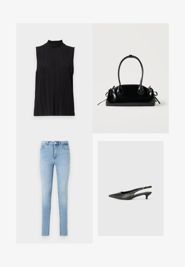 Sort ærmeløs top med høj hals, der har en lodret plisseret tekstur. Stoffet ser glat ud med en let glans.; Lys blå denim skinny jeans har en frontknap og lynlås lukning, fem lommer og en let falmet overflade for struktur.; Sorte spidse slingback-sko lavet af glat læder. Har en tynd hæl og en spænde detalje på den justerbare rem.; Lille sort blank håndtaske med to lange håndtag og snøre-detaljer i siden på en ensfarvet lys baggrund.
