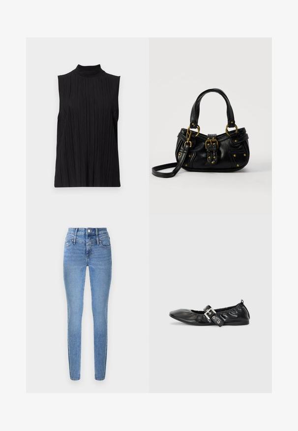 Top noir sans manches avec un col élevé, présentant une texture plissée verticale. Le tissu semble lisse avec un léger éclat.; Jean skinny en denim bleu clair avec une taille haute, deux poches avant et une braguette zippée. Présente une texture lisse et un léger effet délavé.; Chaussure plate en cuir noir avec un nez pointu, des détails froncés autour de l'ouverture et un accent en boucle argentée sur la bride ajustable.; Sac à main en cuir noir avec boucle dorée et détails à rivets, poignées courtes et bandoulière réglable sur fond blanc uni.