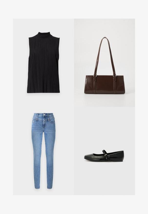 Top negro sin mangas con cuello alto, que presenta una textura de pliegues verticales. La tela parece suave con un ligero brillo.; Vaqueros ajustados en denim azul claro con cintura alta, dos bolsillos delanteros y cremallera. Presentan una textura suave y un desvanecimiento sutil.; Bailarinas de cuero negro con punta redondeada, suela plana y una delgada correa ajustable en el empeine que cuenta con una hebilla de metal.; Bolso de mano de piel sintética marrón con forma rectangular, dos asas largas y sutiles acentos curvados en la parte delantera.