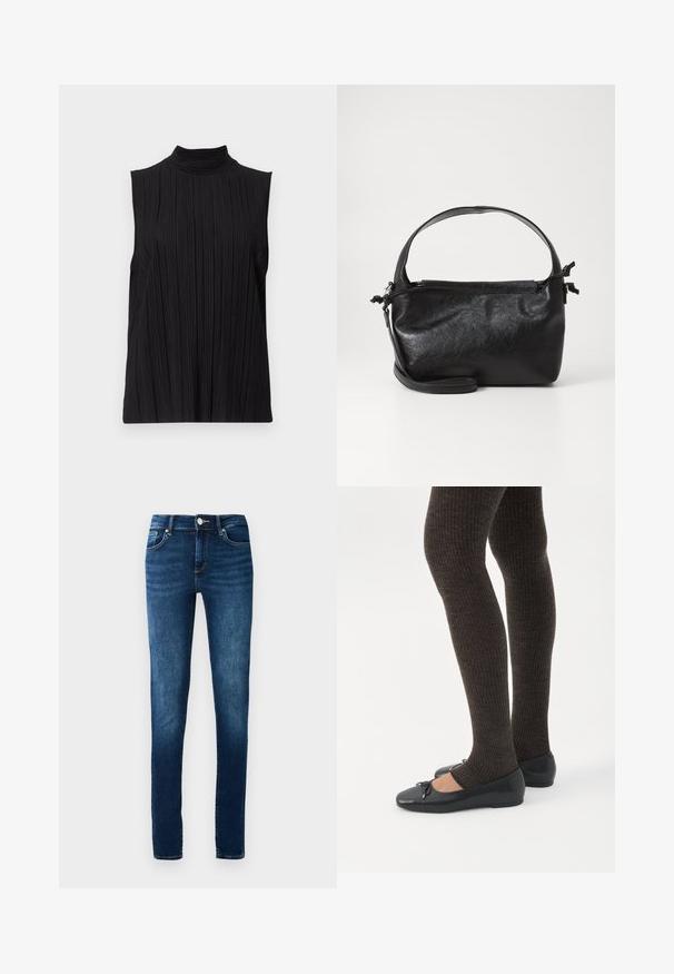 Sort ærmeløs top med høj hals, der har en lodret plisseret tekstur. Stoffet ser glat ud med en let glans.; Mørk vaskede denimjeans med en slim fit, fem lommers design og knaplukning. Har subtile falmninger og kontrastsying.; Ben iført mørke ribbede leggings kombineret med sorte balletsko med små sløjfedetaljer på hvid baggrund.; Sort læderhåndtaske med et struktureret design, rund tophåndtag og aftagelig skulderrem. Den har en glat tekstur og en subtil glans.