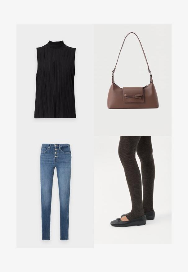 Sort ærmeløs top med høj hals, der har en lodret plisseret tekstur. Stoffet ser glat ud med en let glans.; Smaltsiddende jeans i mediumblåt denim, med høj talje, lukning med fem knapper og minimal falming eller slid.; Ben iført mørke ribbede leggings kombineret med sorte balletsko med små sløjfedetaljer på hvid baggrund.; Brun skuldertaske i læder med en frontlomme med klap, der har en sydd sløjfedetalje, og en justerbar rem.