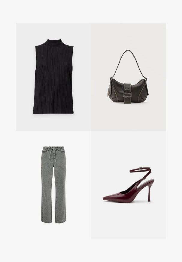 Top negro sin mangas con cuello alto, que presenta una textura de pliegues verticales. La tela parece suave con un ligero brillo.; Pantalones de mezclilla gris con un ajuste relajado, cinturilla con cordón y piernas rectas. Cuenta con cinco bolsillos y detalles de costura visibles.; Zapato de tacón alto en burdeos brillante con punta puntiaguda, correa en el tobillo con hebilla, tacón de aguja delgado, vista lateral sobre fondo liso.; Bolso de hombro de cuero negro con detalle de correa con hebilla, bordes curvos y costuras blancas en contraste sobre un fondo liso.