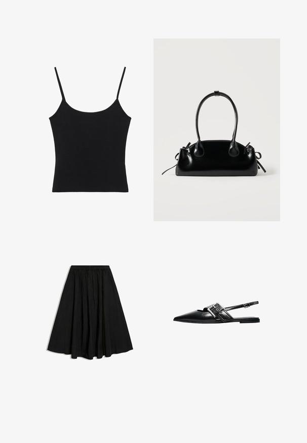 Débardeur noir sans manches pour femme avec fines bretelles spaghetti et ourlet droit.; Jupe midi noire en A avec taille élastique et plis subtils, présentée sur fond blanc.; Chaussure plate à bout pointu en cuir noir avec une large bride à boucle et une fine bride de cheville réglable.; Petit sac à main noir brillant avec deux longues anses et des détails à cordon sur les côtés sur un fond clair uni.