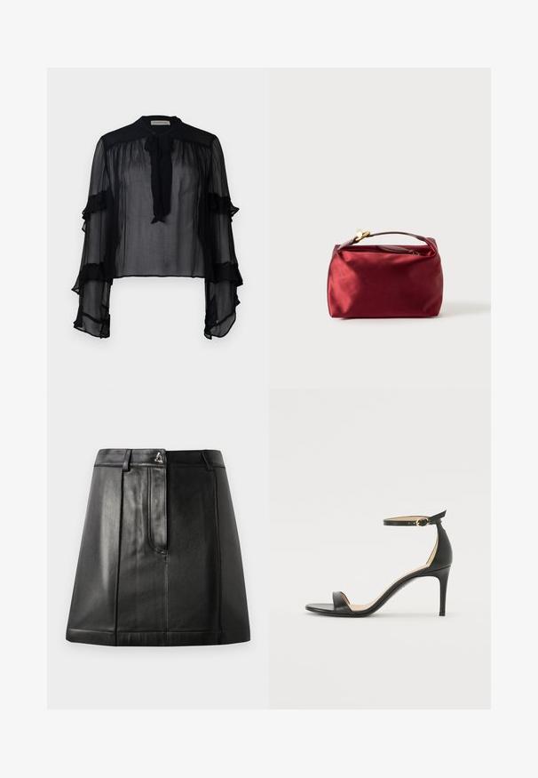 Zwarte doorschijnende blouse met lange, gerimpelde mouwen en een striknek. Gekenmerkt door lichte stof en een losse fit, geschikt voor het dragen in lagen.; Zwarte leren rok met een gestructureerde vorm, voorzien van een voorkantzak en een metalen accent op de taille. Gladde textuur en gestikte details.; Zwarte leren hoge hak sandaal met enkelbandje. Heeft een gladde textuur, open teen en een dunne hak. Gouden gesp detail.; Bordeaux satijnen cosmetica tas met een rechthoekige vorm, ritssluiting en een kort handvat. Beschikt over een minimalistisch ontwerp en een gladde textuur.