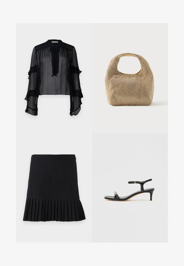 Zwarte doorschijnende blouse met lange, gerimpelde mouwen en een striknek. Gekenmerkt door lichte stof en een losse fit, geschikt voor het dragen in lagen.; Zwarte geplooide rok met gestikte diagonale panelen, een aansluitende taille en een uitlopende zoom. De materialen lijken lichtgewicht en glad.; Zwarte leren sandaal met hak, enkelbandje, open neus, vierkante voorkant en zilverkleurige accenten. Gesloten ontwerp met een slank profiel.; Kleine handtas in goudkleur, bedekt met glanzende ronde studs, met een kort handvat en een rechthoekige uitsnede aan de bovenkant.