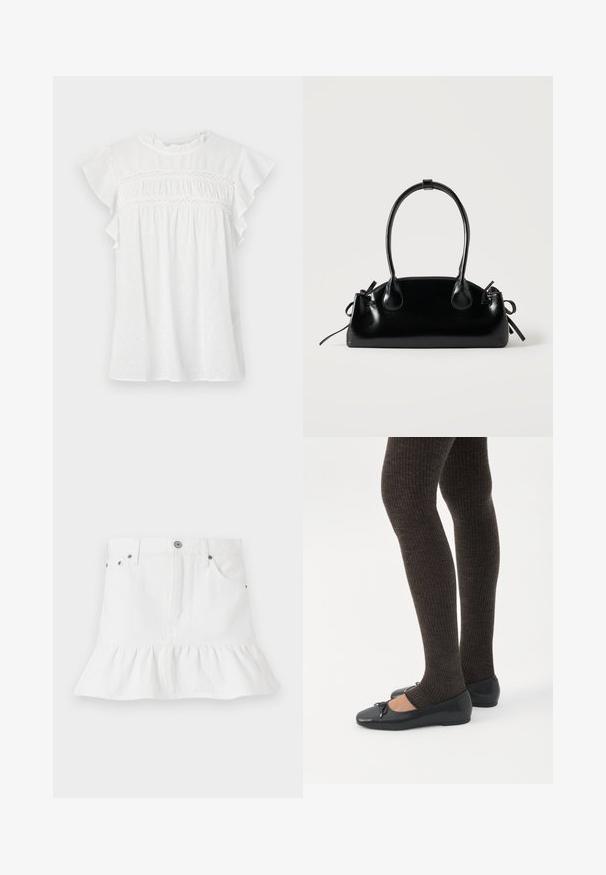 Blouse blanche à manches courtes, avec des manches volantes, un devant froncé avec des détails en dentelle, et un motif texturé sur un tissu léger.; Jupe en denim blanc avec un ourlet froncé, dotée d'un design à cinq poches, d'une fermeture à boutons à l'avant et d'accents en métal.; Jambes portant des leggings côtelés foncés associés à des ballerines noires avec de petits détails en nœud sur fond blanc.; Petit sac à main noir brillant avec deux longues anses et des détails à cordon sur les côtés sur un fond clair uni.