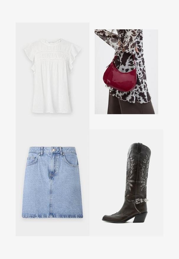 Blusa blanca de manga corta, con mangas con volantes, parte delantera fruncida con detalle de encaje y un patrón texturizado en tejido ligero.; Falda de mezclilla azul claro con diseño de cinco bolsillos, cierre delantero de botón y cremallera, y dobladillo sin rematar. Textura suave con un leve desgaste.; Bota cowboy de cuero negro con recortes decorativos, hebilla plateada y tacón inclinado, presentada sobre fondo blanco.; Mujer con blusa de estampado en blanco y negro sosteniendo un bolso de hombro rojo brillante sobre un fondo liso.