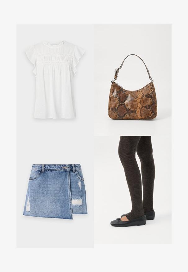 Blusa blanca de manga corta, con mangas con volantes, parte delantera fruncida con detalle de encaje y un patrón texturizado en tejido ligero.; Minifalda de mezclilla en azul claro con áreas desgastadas y detalles deshilachados. Cuenta con un cierre de botón en la parte delantera y un diseño tradicional de cinco bolsillos.; Piernas con leggings oscuros acanalados combinados con bailarinas negras que presentan pequeños detalles de lazo sobre un fondo blanco.; Pequeño bolso de mano con un patrón de piel de serpiente marrón y negro, correa corta ajustable y cierre de cremallera.