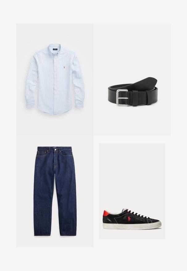 Hellblau und weiß gestreiftes Button-up-Hemd mit Kragen, langen Ärmeln und einem kleinen gestickten Logo auf der Brust. Aus Baumwollmaterial.; Dunkelblaue Jeans aus Denim mit geraden Beinen, fünf Taschen, Knopfverschluss und sichtbaren Nähten.; Schwarze Wildleder-Sneaker mit weißen Schnürsenkeln, roten Akzenten an der Ferse und einem kleinen roten Logo. Sie verfügen über eine flache Gummisohle und einfache Nähte.; Schwarfer Leder Gürtel mit einer silbernen Metall Schnalle. Verfügt über eine glatte Textur und einen Zungener für die Größenanpassung. Klassisches Design ohne Verzierungen.