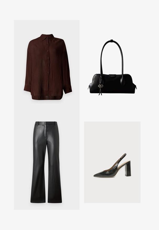 Blouse légère marron avec une finition texturée, fermeture à boutons sur le devant, col, et manches longues, offrant une coupe décontractée et des fentes sur les côtés.; Pantalons en cuir noir avec une texture lisse, design à jambes larges et une taille mi-haute dotée de passants de ceinture et de poches avant.; Chaussure slingback femme en cuir noir avec bout pointu et talon bloc épais et haut sur fond blanc.; Sac à main en cuir noir Calvin Klein avec longue bandoulière, côtés zippés, et un pendentif décoratif suspendu à une sangle.