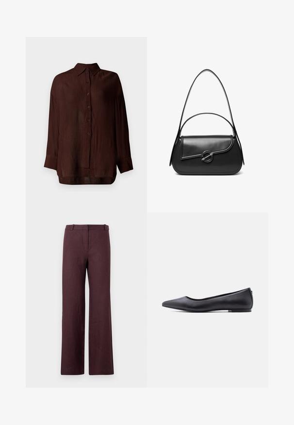Blouse légère marron avec une finition texturée, fermeture à boutons sur le devant, col, et manches longues, offrant une coupe décontractée et des fentes sur les côtés.; Pantalon droit marron foncé avec une ceinture et une fermeture avant cachée, présenté sur un fond clair uni.; Chaussure plate en cuir noire à bout pointu avec petit talon, vue de profil sur fond blanc.; Sac à bandoulière en cuir noir avec un rabat incurvé fermé par un fermoir métallique rond et une sangle fine et ajustable.