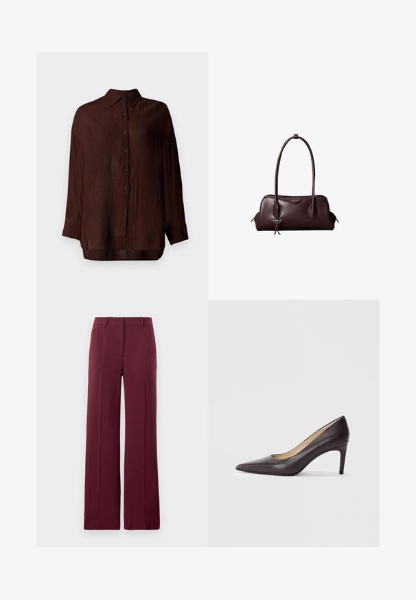 Blouse légère marron avec une finition texturée, fermeture à boutons sur le devant, col, et manches longues, offrant une coupe décontractée et des fentes sur les côtés.; Pantalon large bordeaux en tissu lisse, avec un devant plat, des passants de ceinture et une coupe ajustée avec des plis.; Chaussure à talon haut en cuir marron à bout pointu avec un talon fin de 7 cm, texture lisse et design minimaliste. Pas d'ornements visibles.; Sac à main en cuir brun foncé Calvin Klein avec de longues poignées doubles et un petit porte-clé logo suspendu à une poignée.