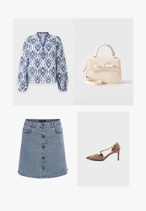 Langærmet bluse i hvid med blå og akvafloralmønster, med opretstående krave og ærmer med flæser, lavet af letvægtsstof.; Denim nederdel i lyseblå med en flared form, der har lukning med knapfortsats, to sidelommer og kontrastsyninger.; Høje hæle med leopardprint og pigget tå, anklerem og lukket hæl i beige og brune toner på en ensfarvet baggrund.; Lille beige håndtaske med top-håndtag, aftagelig rem, forreste klap og dekorativ vandret sløjfe på en ensfarvet baggrund.