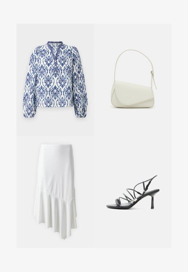 Blusa de manga larga en blanco con un estampado floral en azul y aqua, con cuello alzado y puños fruncidos, fabricada en tejido ligero.; Falda asimétrica blanca hecha de una tela suave, con un dobladillo acampanado y un bolsillo lateral para mayor funcionalidad. Textura lisa en toda su extensión.; Sandalia negra de tacón alto con tiras finas y curvas, detalles plateados y una hebilla ajustable en el tobillo sobre un fondo blanco.; Bolso de mano de imitación cuero blanco con una forma triangular estructurada, correa ajustable única y cierre con solapa acentuada en curva.