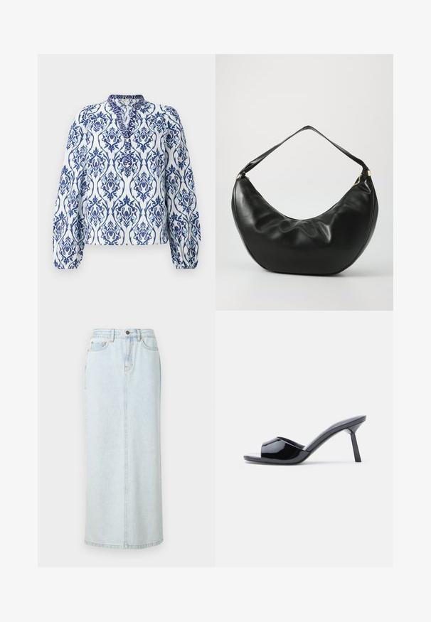 Langarmbluse in Weiß mit blauem und aquafarbenem Blumenmuster, mit Stehkragen und gerafften Manschetten, aus leichtem Stoff gefertigt.; Hellblauer Denim-Maxi-Rock mit geradem Design, vorderer Knopfverschluss und sichtbaren Nähten. Verfügt über zwei Fronttaschen.; Schwarze Sandalen mit Absatz aus Lackleder, offenem Zehenbereich, mit geschwungenem Obermaterial und spitz zulaufendem Stilettoabsatz. Glatte, glänzende Oberfläche.; Schwarze Leder-Schultertasche mit geschwungener Form, weicher Textur und einem einzelnen Riemen; verfügt über einen goldenen Reißverschluss und dezente Markenkennzeichnung.