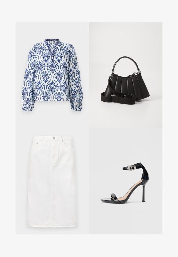 Blusa de manga larga en blanco con un estampado floral en azul y aqua, con cuello alzado y puños fruncidos, fabricada en tejido ligero.; Falda de mezclilla blanca con cremallera frontal, diseño de cinco bolsillos y silueta recta con acentos de costura.; Sandalia de tacón alto en piel sintética negra con correa en el tobillo. Presenta un diseño minimalista, punta abierta y una hebilla con detalles de pedrería.; Bolso de mano negro con pliegues, manejo redondeado, correa ajustable y textura brillante. Presenta herrajes plateados y una silueta estructurada.