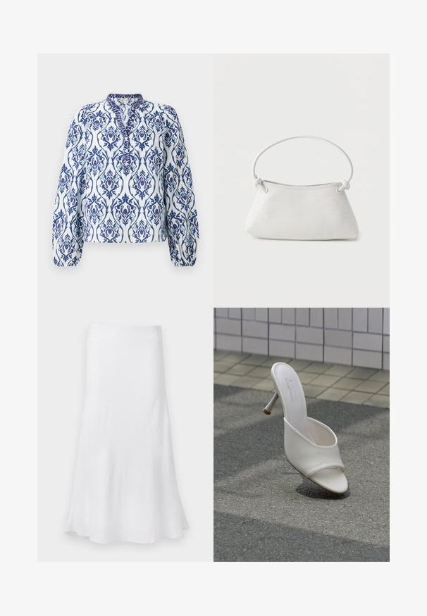 Blusa de manga larga en blanco con un estampado floral en azul y aqua, con cuello alzado y puños fruncidos, fabricada en tejido ligero.; Falda blanca con forma A fluida, hecha de tejido ligero. Textura suave, a la altura de la rodilla, con un diseño simple sin patrones.; Zapato mule blanco de tacón alto con punta abierta flotando sobre un fondo de asfalto gris y pared de azulejos.; Bolso de mano de cuero blanco tejido con asa redondeada y extremos de la correa anudados, exhibido sobre un fondo liso.