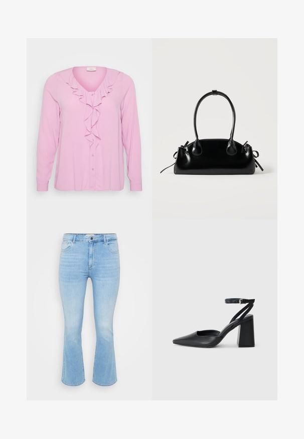 Rosa Langarmbluse mit V-Ausschnitt, ausgestattet mit einem Frontfransen-Detail und Knopfverschluss. Hergestellt aus einem weichen, leichten Stoff.; Hellblaue Jeans aus Denim mit schmaler Taille, ausladendem Hosenbein, fünf Taschen Design und dezentem Verblassen in der Stoffstruktur.; Schwarze Leder-Pumps mit spitzer Zehe, einem Knöchelriemen und einem blockigen Absatz. Flache Textur, elegantes Design und minimalistische Ästhetik.; Kleine schwarze glänzende Handtasche mit zwei langen Griffen und seitlichen Kordelzug-Details vor einfachem hellem Hintergrund.