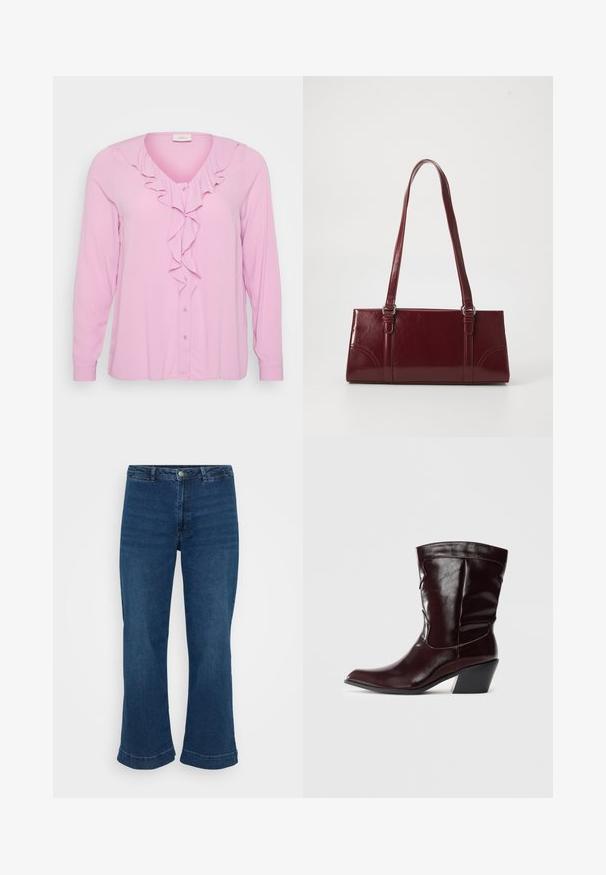 Blusa rosa de manga larga con escote en V, que presenta un detalle de volantes en la parte frontal y cierre de botones. Fabricada con una tela suave y ligera.; Jeans de cintura alta en azul con pierna recta y dobladillo acampanado, fabricados en denim. Presentan un diseño clásico de cinco bolsillos y cierre con botón de metal.; Botines de cuero burdeos con punta afilada, superficie texturizada y tacón bajo cónico. Presentan costuras sutiles y un ajuste ceñido.; Bolso burdeos hecho de material brillante, de forma rectangular, con dos asas para el hombro y sutiles acentos curvados en la parte frontal.