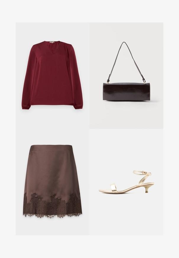 Bordeaux lange mouw blouse met een V-hals, voorzien van geplooide manchetten, een gladde textuur en een relaxed fit. Eenvoudig, minimalistisch ontwerp.; Bruine satijnen rok met bloemenkantafwerking aan de zoom, rechte snit en gladde textuur op een effen achtergrond.; Gouden sandaal met lage hak, met een enkele teensluiting en een verstelbare enkelriem, dunne zool en lage kittenhak op een witte achtergrond.; Rechthoekige zwarte leren handtas met een enkele lange schouderband en een glanzende afwerking, weergegeven tegen een effen witte achtergrond.