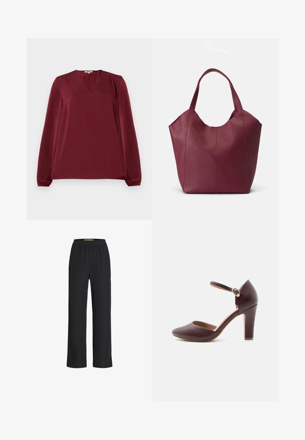 Bordeaux lange mouw blouse met een V-hals, voorzien van geplooide manchetten, een gladde textuur en een relaxed fit. Eenvoudig, minimalistisch ontwerp.; Zwarte wijdlopende broek met een elastische tailleband, gemaakt van een zacht materiaal, met een gladde textuur en een losse pasvorm over de benen.; Donkerbruine leren hoge hak schoen met gesloten puntige neus, enkelbandje met gouden gesp en pareldetail, en blokhak.; Bordeaux lederen tote bag met twee stevige handvatten, met een gladde textuur en een taps toelopend ontwerp met naaddetail op de voorkant.