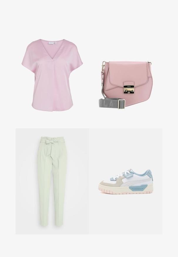 Hellrosa Kurzarmbluse mit V-Ausschnitt und lockerem Schnitt, aus glattem Stoff gefertigt, mit kleinem vorderem Falten-Detail.; ONLY ONLSURI ELLY LIFE PANT - Stoffhose - desert sage; Sneaker mit einem Obermaterial aus weißem Leder, hellblauen Akzenten, beigen Wildlederpaneelen und einer strukturierten rosa Gummisohle; gesticktes Logo an der Seite.; Rosa Leder Umhängetasche mit Klappenverschluss, silberner Hardware und einem grauen Schultergurt mit dem Markennamen. Glatte Textur, minimalistisches Design.