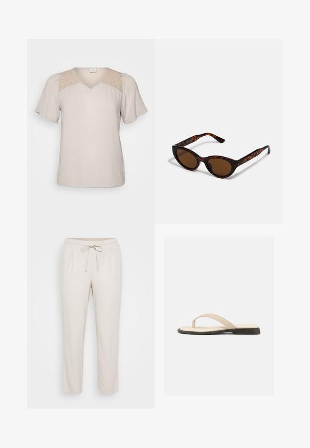 Beige Bluse mit kurzen Ärmeln und V-Ausschnitt, mit strukturiertem Oberteil und Spitzenbesatz an den Schultern. Weiches Material mit lockerer Passform.; Hellbeige, lockere Hose mit elastischem Bund und Kordelzug. Mit seitlichen Taschen und gerader Beinform. Weiche Textur.; Beige flache Zehensandale mit gepolstertem Fußbett und schwarzer Sohle, von der Seite vor weißem Hintergrund gezeigt.; Braune Schildpatt-Sonnenbrille mit einer Vintage-Cat-Eye-Form und braunen Gläsern. Verfügt über gebogene Bügel mit roten Akzenten.