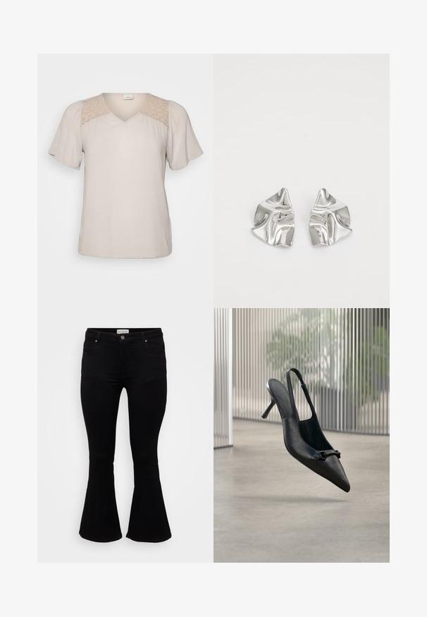 Beige kortærmet bluse med V-hals, præget af en tekstureret krop og blonder på skuldrene. Blødt stof med en løs pasform.; Sorte flare jeans lavet af blød denim, med en tætsiddende talje, frontlommer og en flagrende kant for en afslappet pasform.; Sort tekstureret læder slingback højhælet sko med spids tå og lille dekorativ spænde, svævende over en glat gulv.; Sølvmetal øreringe med et bølgende, skulpturelt design, der har en poleret overflade og uregelmæssige former, hvilket fremhæver en moderne æstetik.
