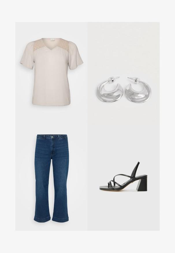 Beige Bluse mit kurzen Ärmeln und V-Ausschnitt, mit strukturiertem Oberteil und Spitzenbesatz an den Schultern. Weiches Material mit lockerer Passform.; Hochtaillierte blaue Jeans mit geradem Bein und ausgestelltem Saum, aus Denim gefertigt. Verfügt über ein klassisches Fünf-Taschen-Design und einen Metallknopfverschluss.; Schwarze High Heels Sandalen mit quadratischer Zehenpartie, die mehrere dünne Riemen und einen geometrischen Blockabsatz aufweisen. Glatte Ledertextur und minimales Design.; Ein Paar polierte silberne, halbmondförmige Creolen mit klaren Kunststoffrückseiten auf einer weißen Oberfläche.