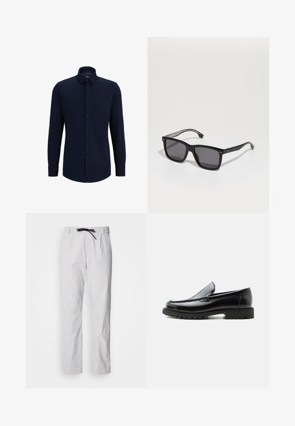 Camisa de botones de manga larga en color navy, hecha de tela tejida, que presenta un cuello clásico, corte recto y cierre frontal de botones.; Pantalones entallados de mezcla de algodón en gris claro con cintura de cordón. Presentan pliegues delanteros y bolsillos laterales para mayor funcionalidad.; Mocasín de cuero negro con suela de goma gruesa, empeine cosido y nombre de la marca en relieve en el talón, mostrado en perfil lateral sobre fondo blanco.; BOSS Gafas de sol - black