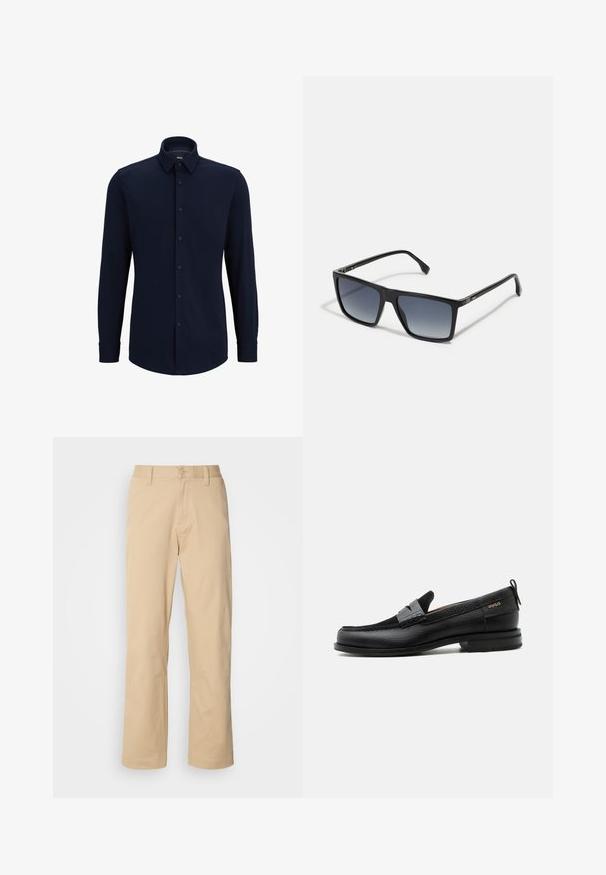 Marineblauwe langemouwen overhemd met knopen, gemaakt van geweven stof, met een klassieke kraag, rechte snit en een voorste knoopsluiting.; HUGO ZAYN - Broek - medium beige; Zwarte leren loafer met grijs riemdetailelement, lage hak en gestructureerde zool, aan de zijkant gebrandmerkt met "HUGO" in goud.; Zwarte rechthoekige zonnebril met een vervaagde tint van donker naar licht op de glazen. Plastic montuur met een slank ontwerp en minimale hardware-details aan de zijkanten.