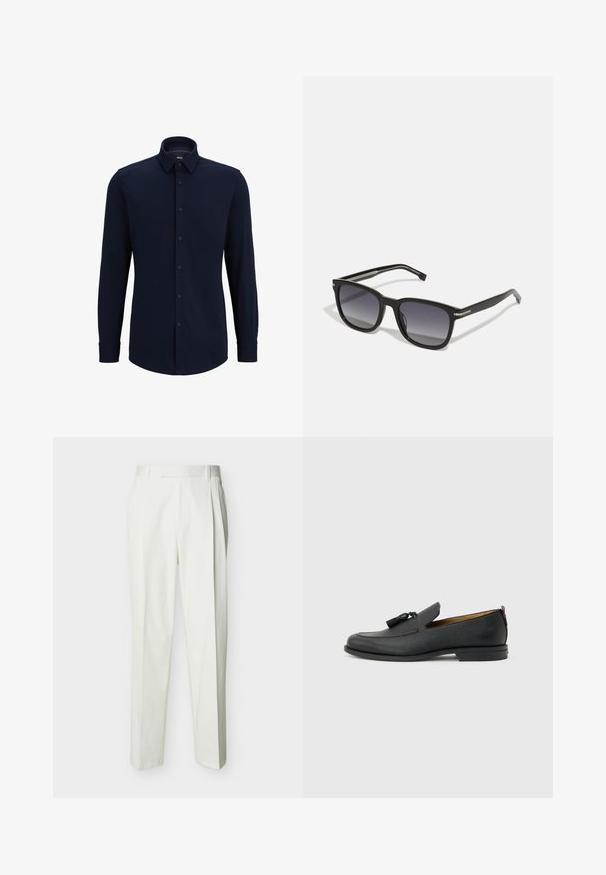 Marineblauwe langemouwen overhemd met knopen, gemaakt van geweven stof, met een klassieke kraag, rechte snit en een voorste knoopsluiting.; Witte, op maat gemaakte broek met hoge taille, broekriemlussen en voorplooien, weergegeven op een effen achtergrond.; Zwarte leren herenslof met kwastjes, ronde neus, lage hak en trekkoord aan de achterkant, zijaanzicht op lichtgrijze achtergrond.; BOSS Zonnebril - black