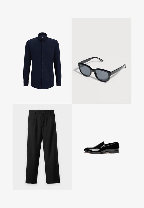 Marineblaue Langarmhemd aus gewebtem Stoff, mit klassischem Kragen, geradem Schnitt und vorderer Knopfverschluss.; Schwarze Hose im geraden Schnitt mit einem Einzelknopfverschluss, zwei Vorderaschen und einer glatten, leichten Stofftextur.; Schwarzer Lackleder-Schlüpfschuh mit einer spitzen Zehenform, minimalen Nähten und einem niedrigen Blockabsatz. Glatte, reflektierende Oberfläche ohne Verzierungen.; Schwarze rechteckige Sonnenbrille mit dunkel getönten Gläsern und dicken Rahmen, auf einer hellen Oberfläche liegend.