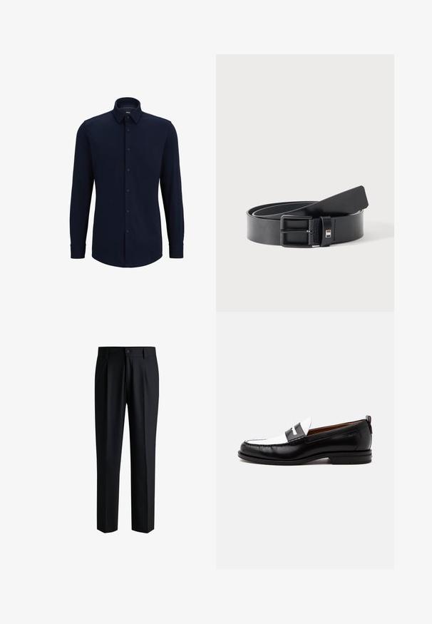 Marineblaue Langarmhemd aus gewebtem Stoff, mit klassischem Kragen, geradem Schnitt und vorderer Knopfverschluss.; Schwarze Hose aus glattem Stoff, mit geradem Bein-Design, Falten vorne und einem Knopfverschluss mit Gürtelschlaufen.; Schwarz-weißer Lederloafer mit genähten Details, niedrigem Absatz und einem Slip-On-Design, seitlich auf neutralem Hintergrund gezeigt.; Schwarzer Ledergürtel mit matter schwarzer Metallschnalle, leicht gerollt mit Gürtelende auf einer weißen Oberfläche liegend.