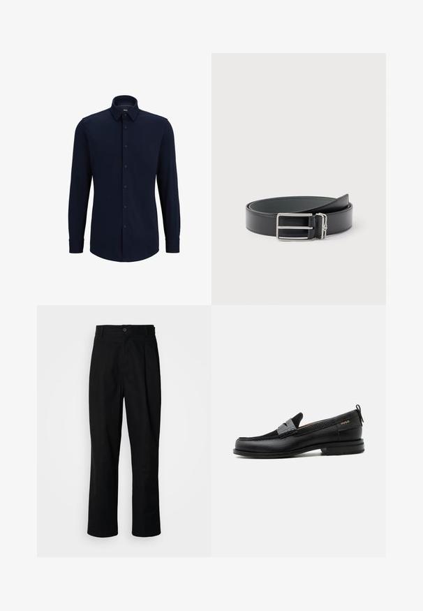Marineblauwe langemouwen overhemd met knopen, gemaakt van geweven stof, met een klassieke kraag, rechte snit en een voorste knoopsluiting.; Zwarte rechte broek met een knoopsluiting, lusjes voor een riem en een voornaad, gepresenteerd tegen een effen witte achtergrond.; Zwarte leren loafer met grijs riemdetailelement, lage hak en gestructureerde zool, aan de zijkant gebrandmerkt met "HUGO" in goud.; Zwarte leren riem met een zilveren rechthoekige gesp en een kleine zilveren lus eraan bevestigd, opgerold op een witte achtergrond.
