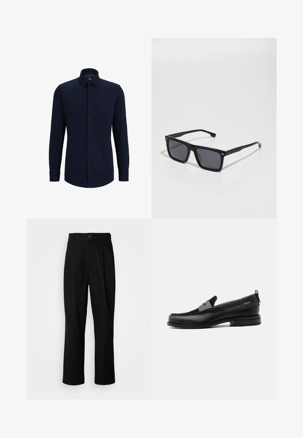 Marineblauwe langemouwen overhemd met knopen, gemaakt van geweven stof, met een klassieke kraag, rechte snit en een voorste knoopsluiting.; Zwarte rechte broek met een knoopsluiting, lusjes voor een riem en een voornaad, gepresenteerd tegen een effen witte achtergrond.; Zwarte leren loafer met grijs riemdetailelement, lage hak en gestructureerde zool, aan de zijkant gebrandmerkt met "HUGO" in goud.; Zwarte vierkante zonnebril met donkere lenzen. Gemaakt van plastic, met een textuur aan de zijkanten en een minimalistisch ontwerp. Accenten nabij de scharnieren.