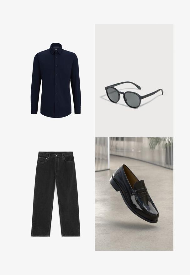 Marineblaue Langarmhemd aus gewebtem Stoff, mit klassischem Kragen, geradem Schnitt und vorderer Knopfverschluss.; Schwarze gerade Jeans mit Taschen vorne und hinten, Gürtelschlaufen und Knopfverschluss an der Taille.; Schwarze Lacklederloafers mit einer gestickten Akzentuierung, runder Zehenpartie, niedrigem Absatz und glatter Oberfläche, vor einem neutralen Hintergrund präsentiert.; Schwarze runde Sonnenbrille mit dunkel getönten Gläsern, liegend auf einer hellen Oberfläche und wirft einen sanften Schatten.