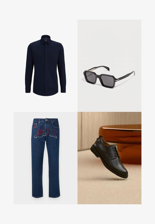 Marineblaue Langarmhemd aus gewebtem Stoff, mit klassischem Kragen, geradem Schnitt und vorderer Knopfverschluss.; Blaue Jeans aus Denim mit einem auf der Gesäßtasche verzierten Design aus roten und silbernen Strasssteinen, das einen Hund zeigt. Gerade geschnitten.; Schwarzer Lederschuh mit Schnürsenkeln, schwebend über hellem beigem Teppich positioniert, orangefarbener runder Tisch im Hintergrund.; Schwarze Sonnenbrille mit quadratischem Rahmen, dunklen Gläsern und schmalen Bügeln auf einer weißen Oberfläche.
