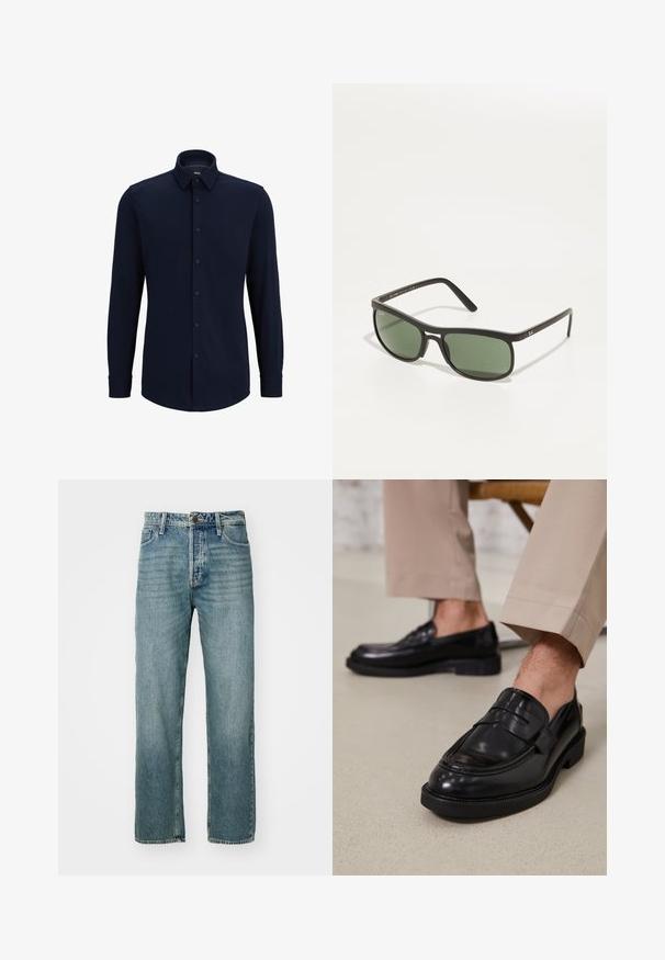 Camisa de botones de manga larga en color navy, hecha de tela tejida, que presenta un cuello clásico, corte recto y cierre frontal de botones.; Jeans de mezclilla azul claro con corte recto, diseño de cinco bolsillos y costuras visibles. Cuenta con un cierre de botón metálico y cremallera.; Mocasines de cuero negro con un acabado suave, que cuentan con una correa decorativa y costuras en contraste, combinados con pantalones beiges.; Gafas de sol negras con lentes tintados verdes, de forma rectangular, con montura de plástico suave y detalle sutil del logotipo en las patillas.