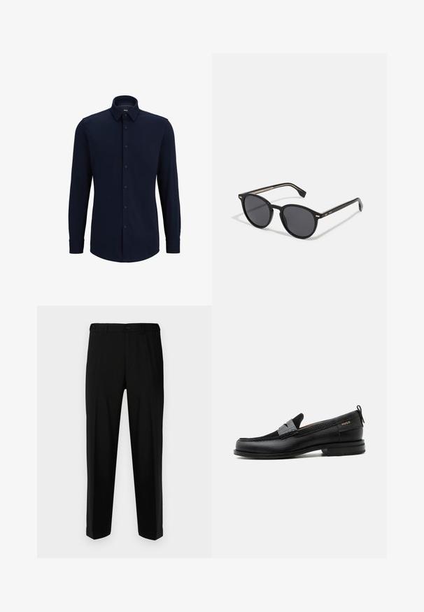 Marineblaue Langarmhemd aus gewebtem Stoff, mit klassischem Kragen, geradem Schnitt und vorderer Knopfverschluss.; Schwarze Hosen aus glattem Stoff, mit geradem Schnitt, zwei vorderen Taschen und einem Reißverschluss mit Knopfverschluss.; Schwarzer Lederloafer mit grauem Riemendetail, niedrigem Absatz und strukturierter Sohle, seitlich mit „HUGO“ in Gold gebrandmarkt.; BOSS Sonnenbrille - black