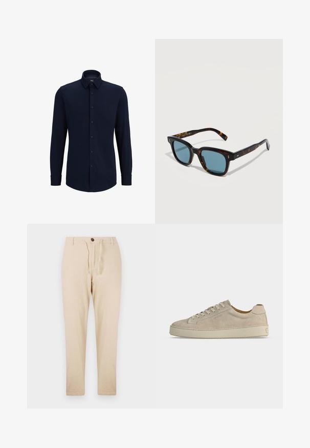 Chemise à manches longues bleu marine, boutonnée, en tissu tissé, avec un col classique, une coupe droite et une fermeture à boutons sur le devant.; Pantalons en lin beige avec taille à cordon de serrage, fermeture par bouton, jambes fuselées et texture lisse, adaptés aux temps chauds.; Baskets basses beiges en daim avec fermeture lacée et semelle épaisse en caoutchouc, vues de profil sur fond blanc uni.; Lunettes de soleil à monture écaille avec des verres rectangulaires teintés en bleu reposant sur une surface blanche.